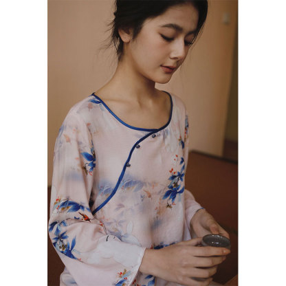 女款竹棉國風斜襟南笙印花長袖睡衣套裝