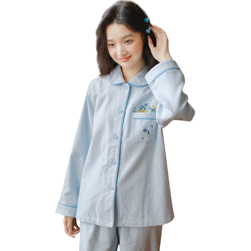 女士奇跡純棉磨毛小格碎花秋長袖長褲居家服