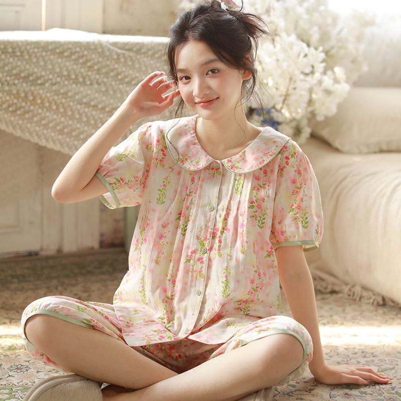 女款夏季娃娃領粉色短袖中褲家居服