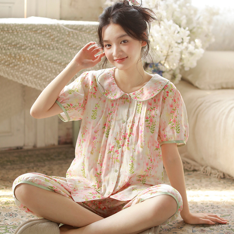 女款夏季娃娃領粉色短袖中褲家居服