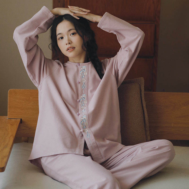 女士秋冬純棉磨毛祥雲刺繡長袖長褲居家服