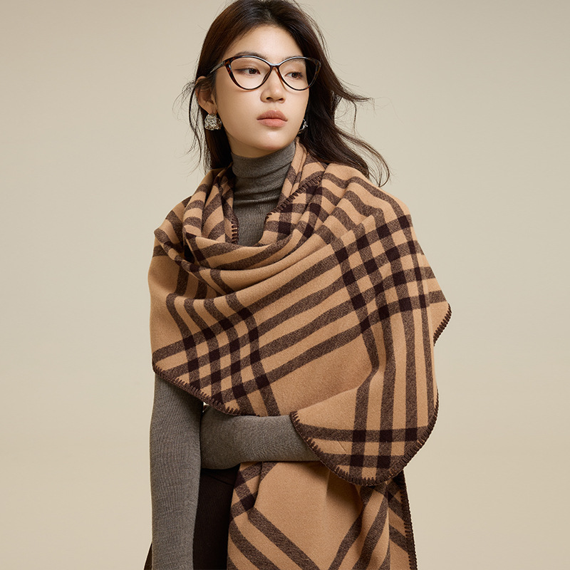 女士秋冬黑白格紋大版長款圍巾