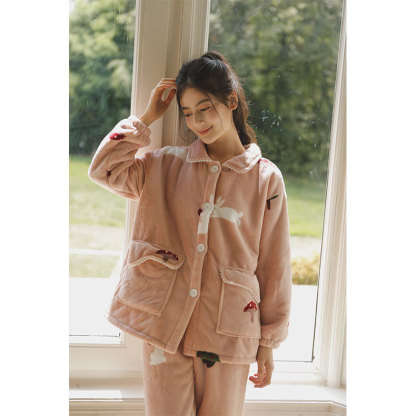 女秋冬加厚羊羔絨粉底白兔印花睡衣