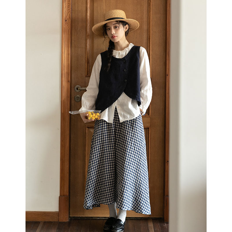 女士秋季棉麻花瓣領長袖襯衫+短款馬甲