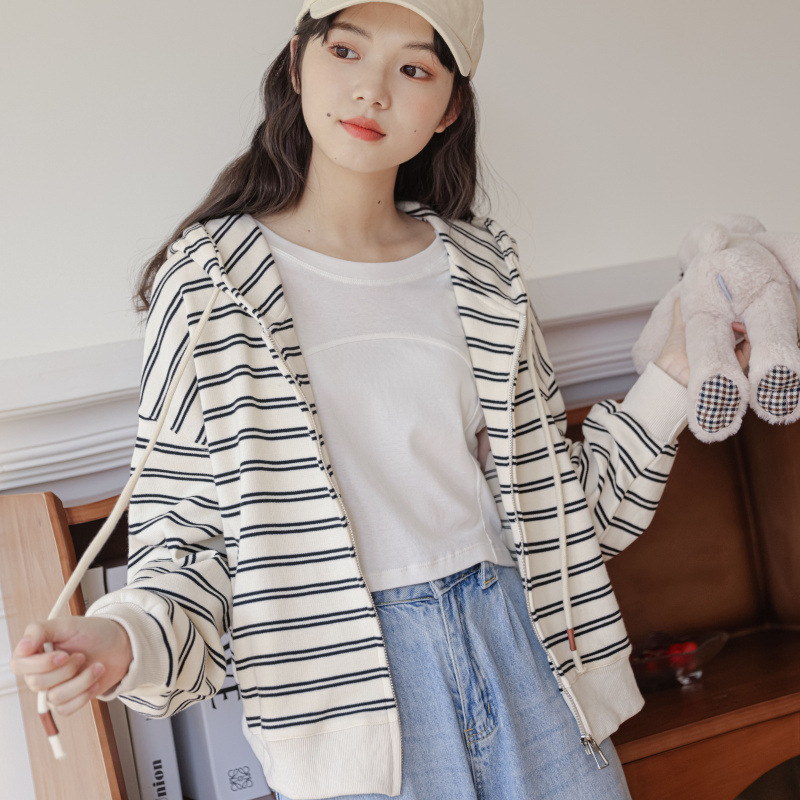 女士秋季慵懶風連帽條紋針織衛衣外套