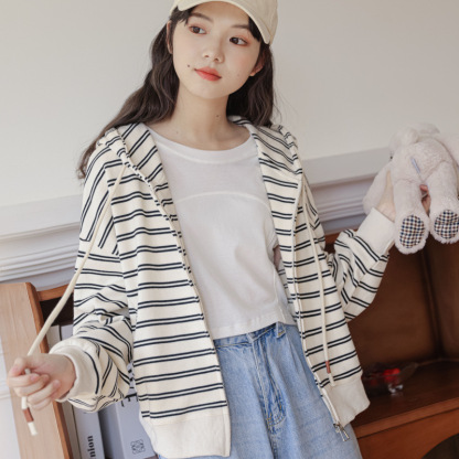 女士秋季慵懶風連帽條紋針織衛衣外套