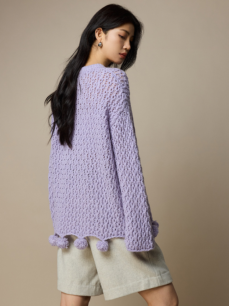 女士春秋100羊毛鏤空針織毛衣