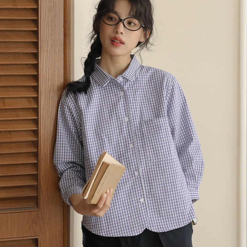 女士春秋翻領格子下擺圓弧長袖襯衫