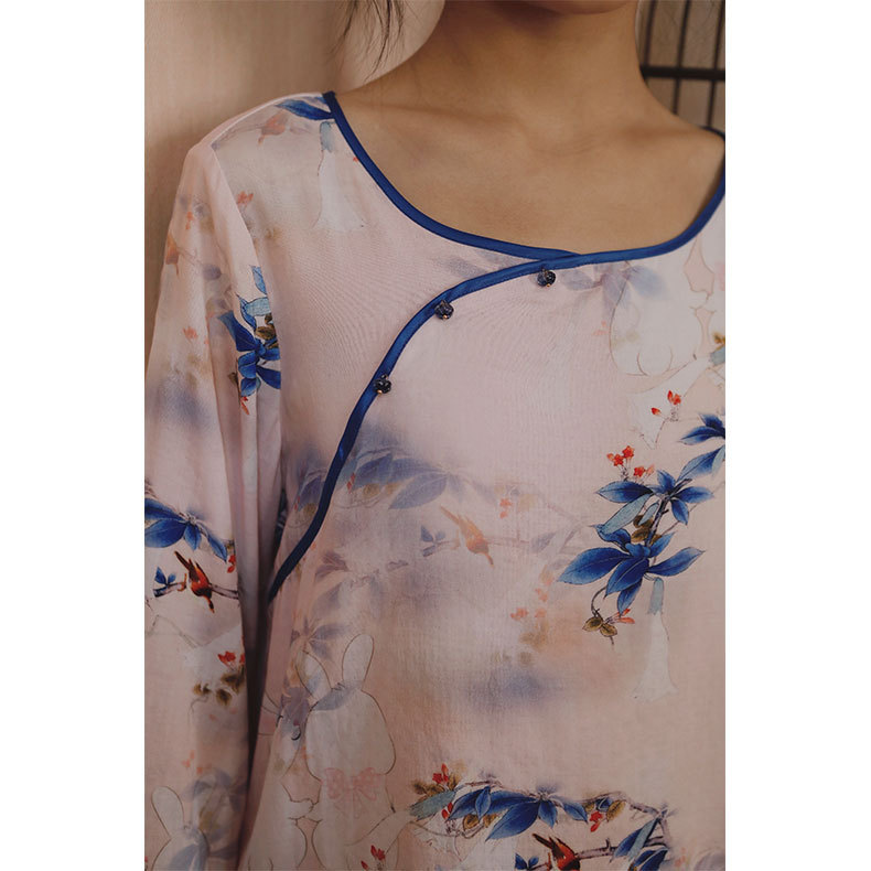 女款竹棉國風斜襟南笙印花長袖睡衣套裝