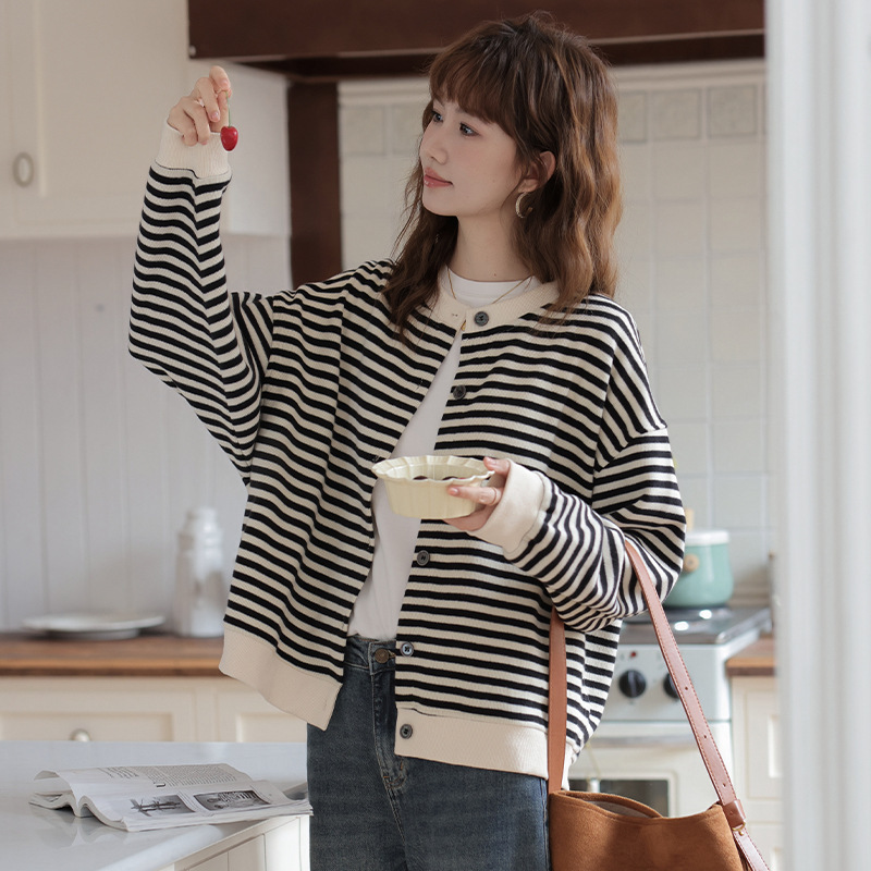 女士春秋條紋短款圓領開衫衛衣