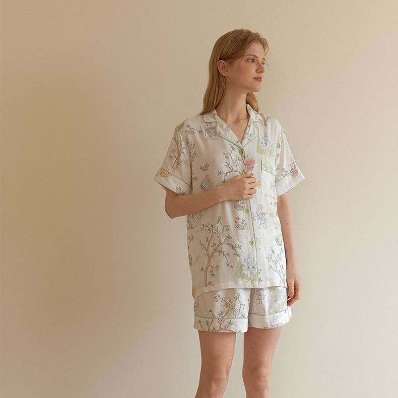 女士竹棉紗萌貓印花短袖短褲睡衣套裝