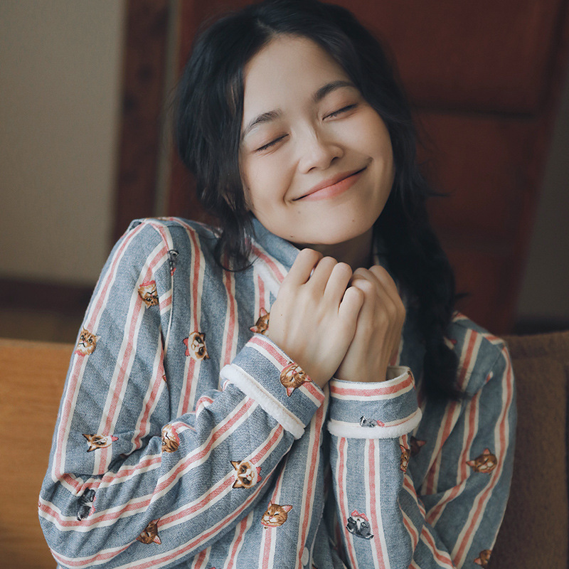 女士秋冬加厚空氣棉貓咪條紋長袖長褲居家服