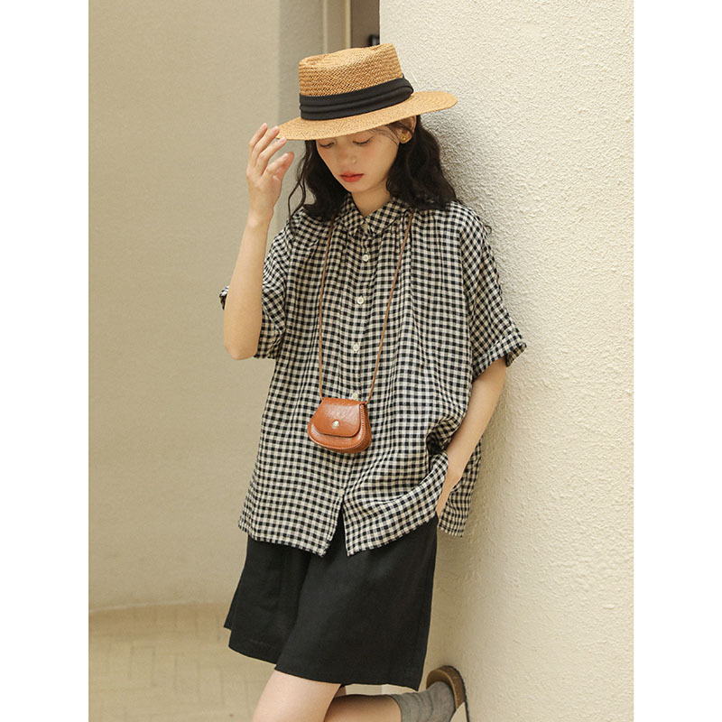 棉麻格紋小翻領短袖襯衫
