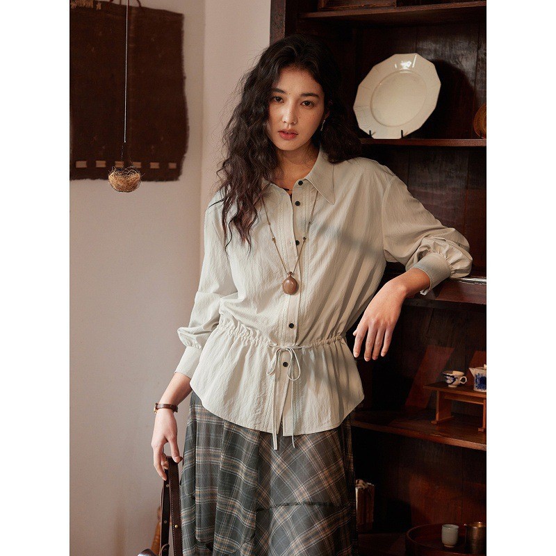 女復古抽繩收腰長袖襯衫