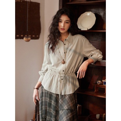 女復古抽繩收腰長袖襯衫