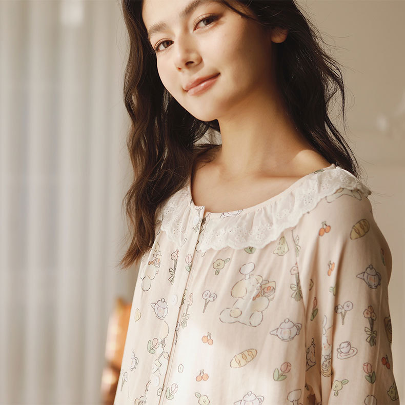 女款竹棉卡通印花圓領長袖睡衣套裝