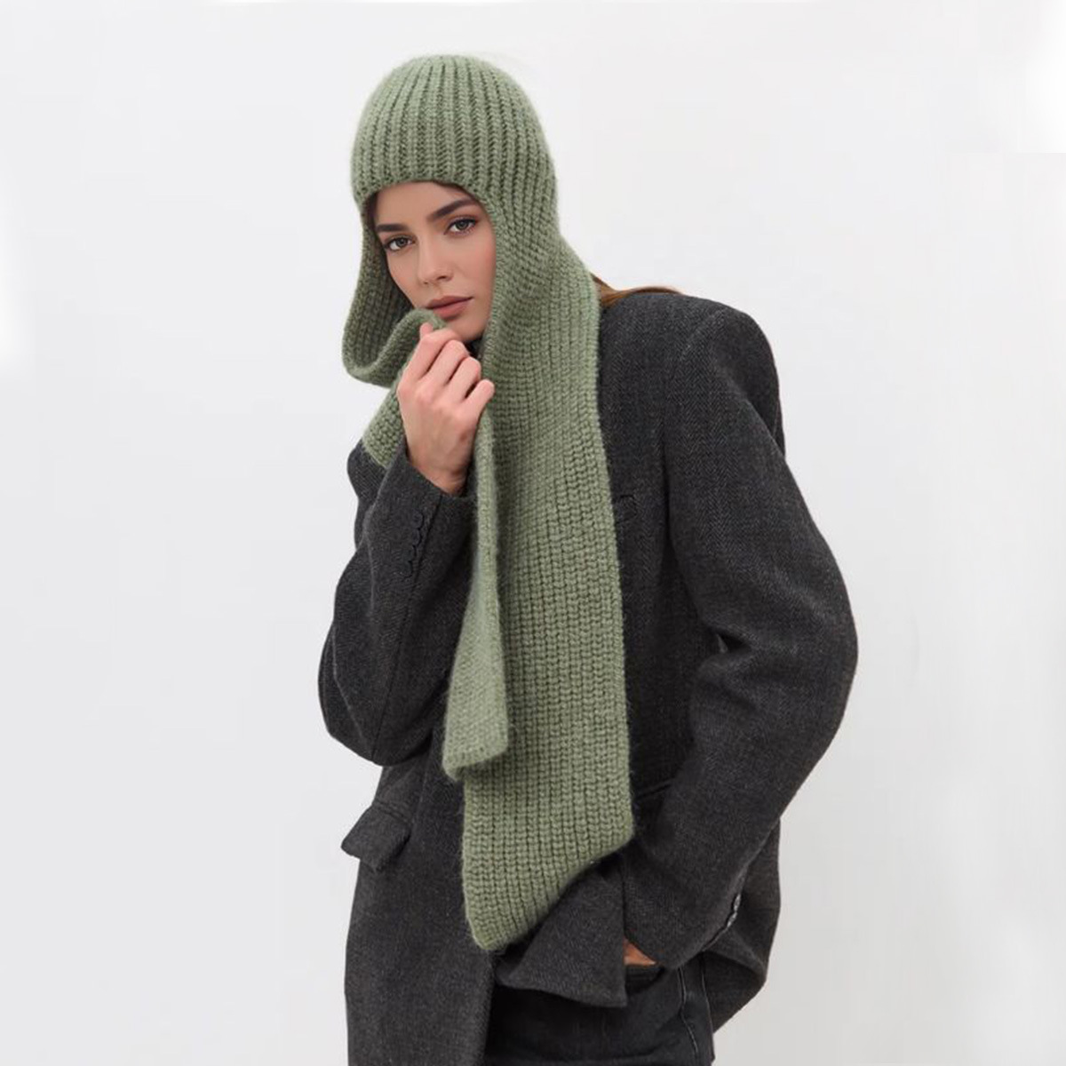 純色護頸一體連帽圍巾