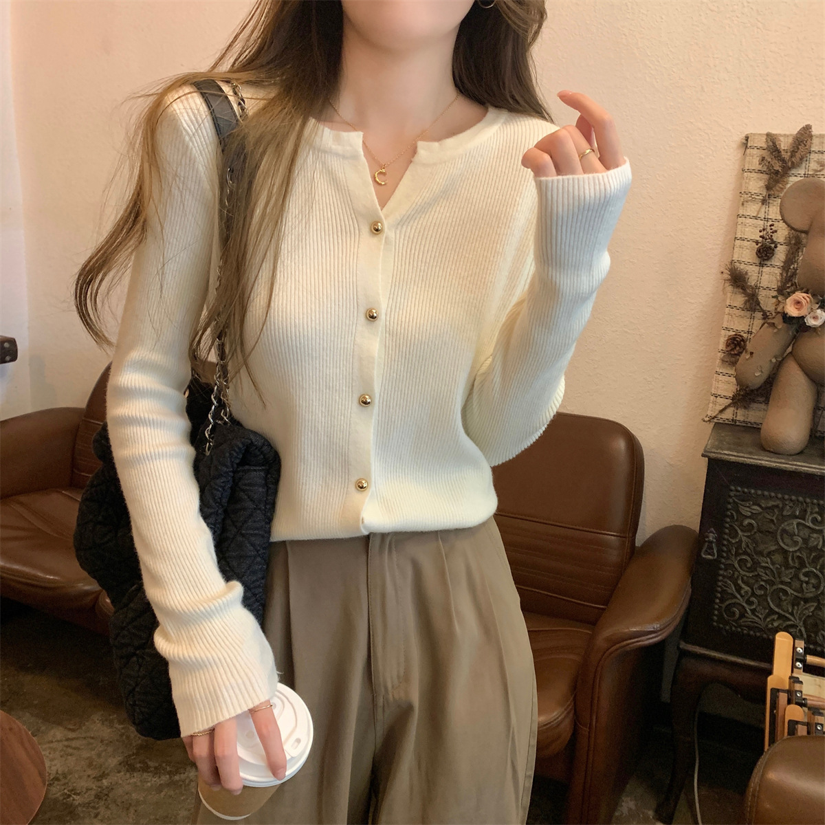 女士秋冬韓版單排扣安迪絨針織開衫