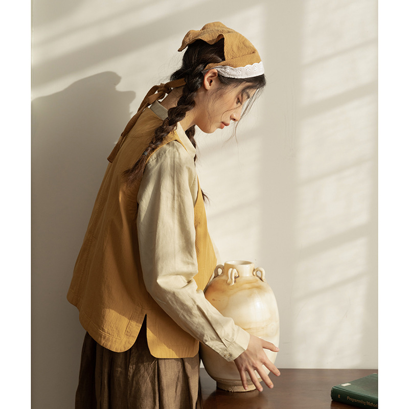 女士春秋復古多排扣短款黃色馬甲