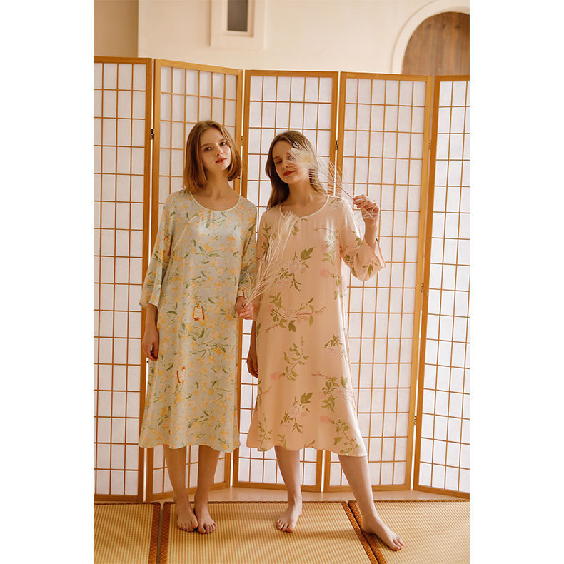 貢緞新中式國風長袖睡裙