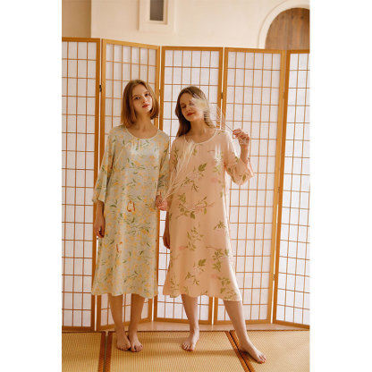 貢緞新中式國風長袖睡裙