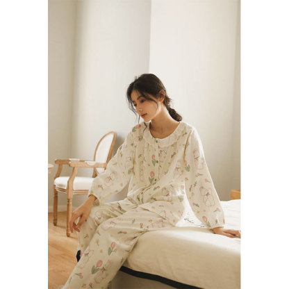 女秋冬磨毛郁兔情書印花睡衣套裝