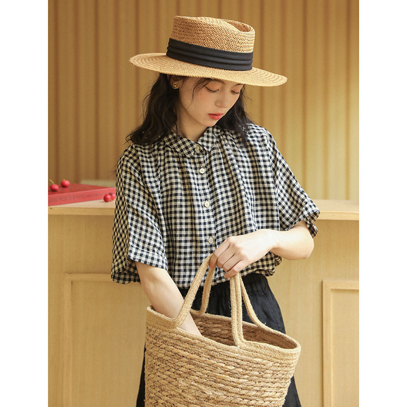 棉麻格紋小翻領短袖襯衫