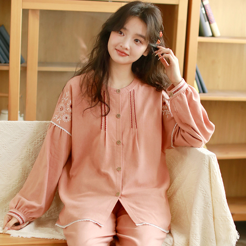 女春秋純棉磨毛復古花邊居家服