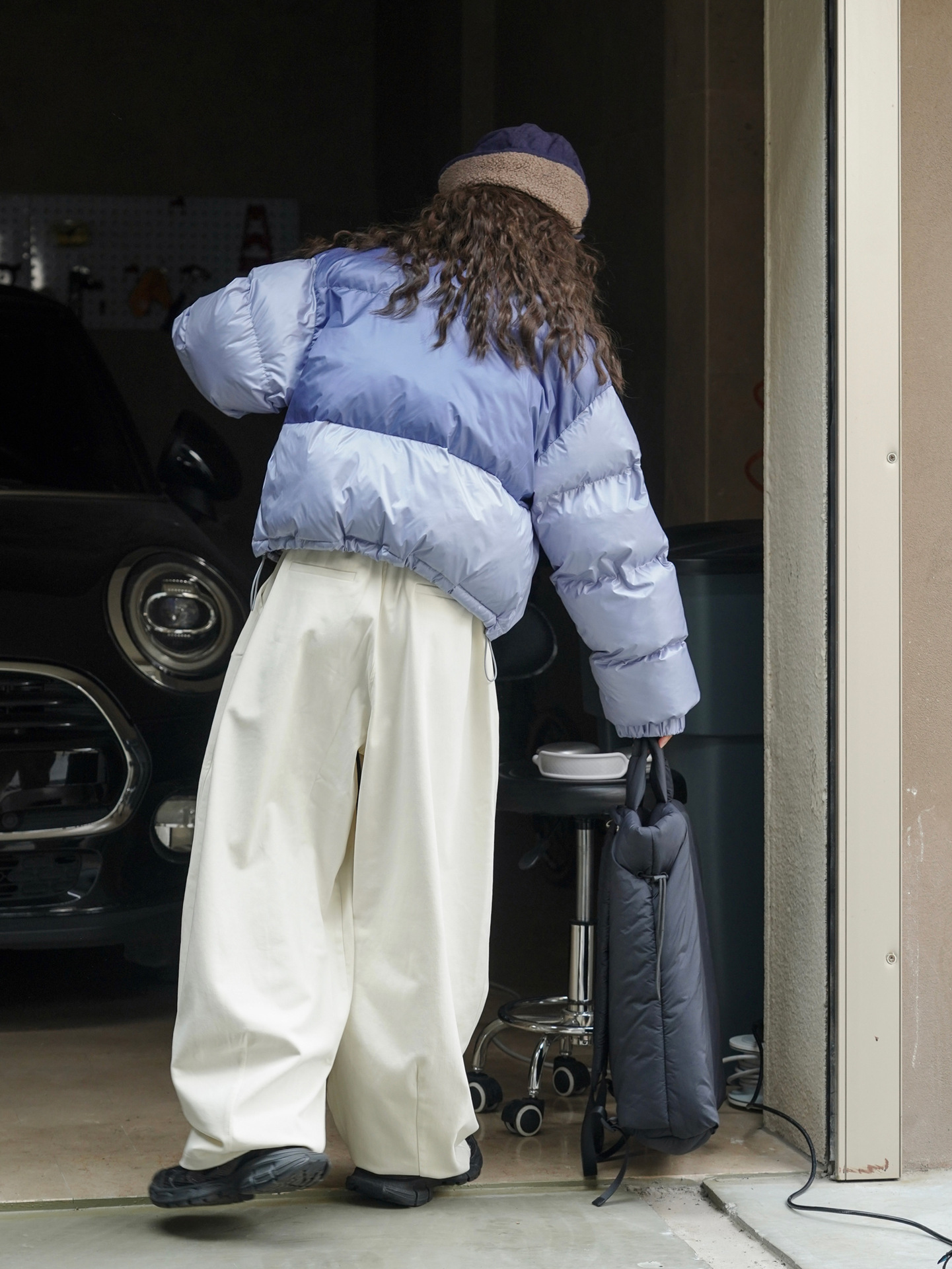 女士冬季立領拼接撞色麵包棉服