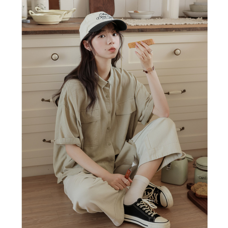 女夏小細方格落肩短袖襯衫