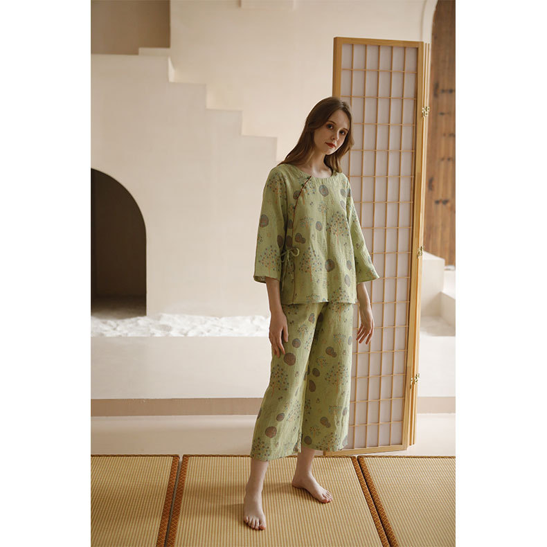 女士四季款古風樹葉印花長袖圓領家居服