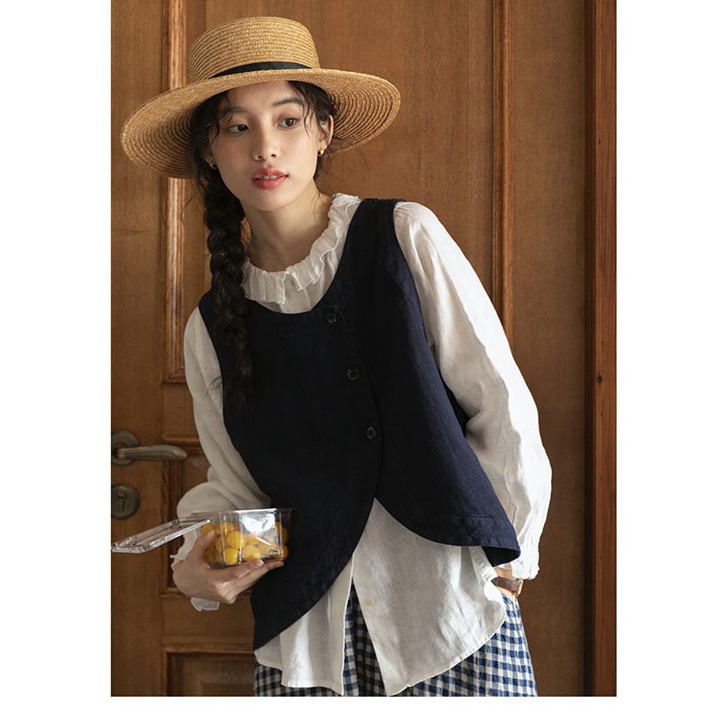 女士秋季棉麻花瓣領長袖襯衫+短款馬甲