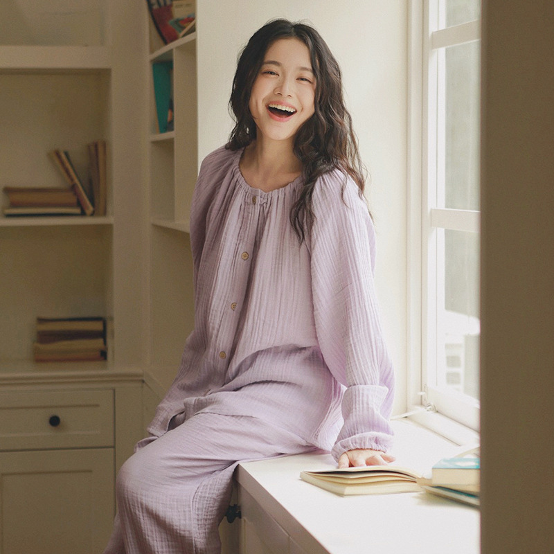 女士春秋雙層紗布圓領長袖長褲居家服