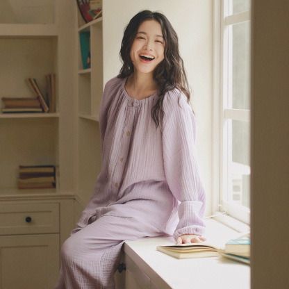 女士春秋雙層紗布圓領長袖長褲居家服