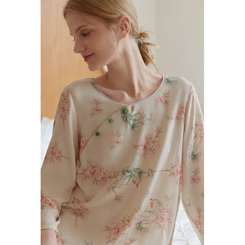 女竹棉國風斜襟桃竹印花長袖睡裙