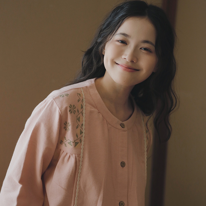 女士秋冬純棉磨毛刺繡袖口長袖長褲居家服