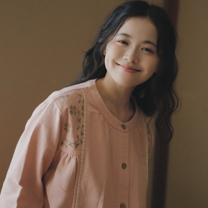 女士秋冬純棉磨毛刺繡袖口長袖長褲居家服