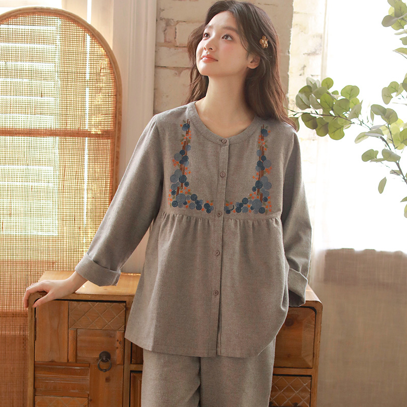 秋冬棉質磨毛刺繡長袖家居服