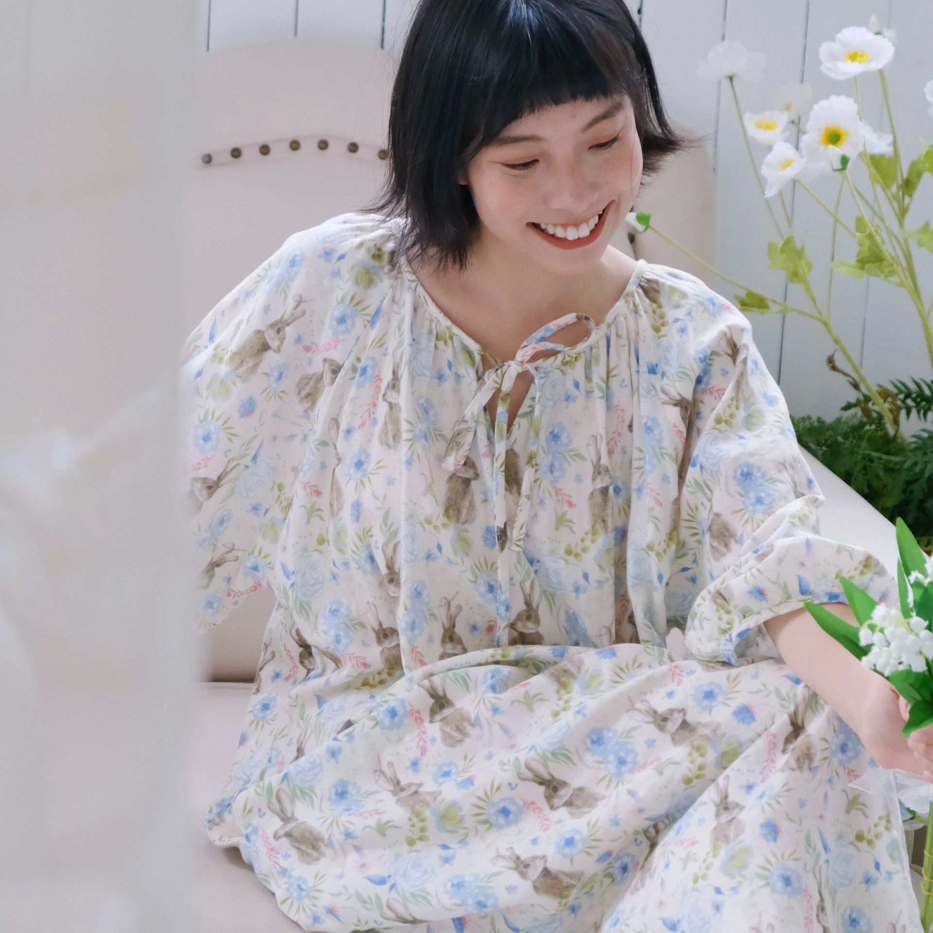 棉紗法式梭織青花網紅睡裙