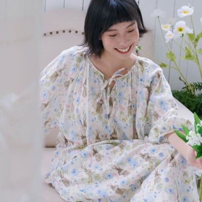 棉紗法式梭織青花網紅睡裙