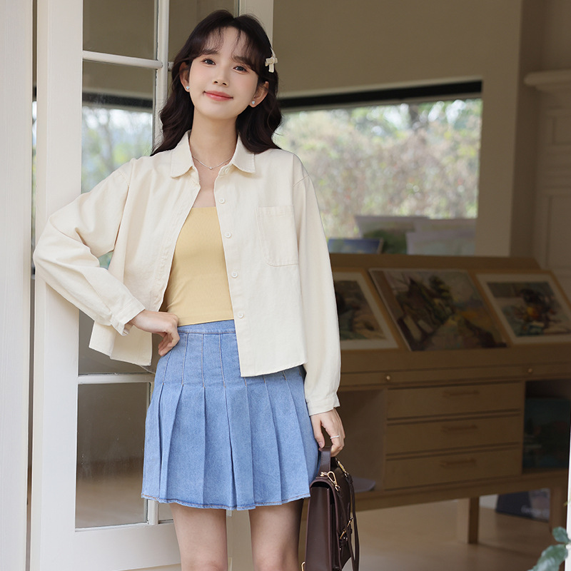 女士春季短款POLO領長袖襯衫