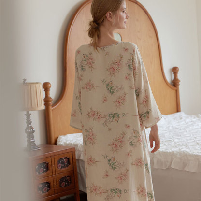 女竹棉國風斜襟桃竹印花長袖睡裙
