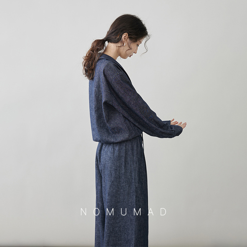 女士春秋亞麻棉牛仔假兩件套裝