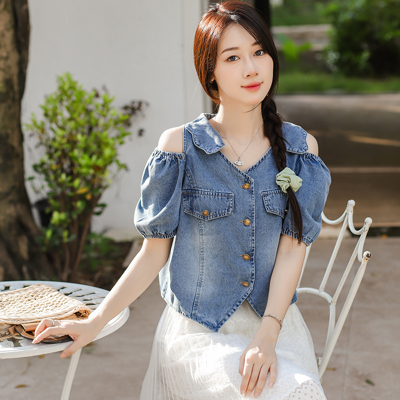 女夏露肩V領牛仔泡泡短袖襯衫