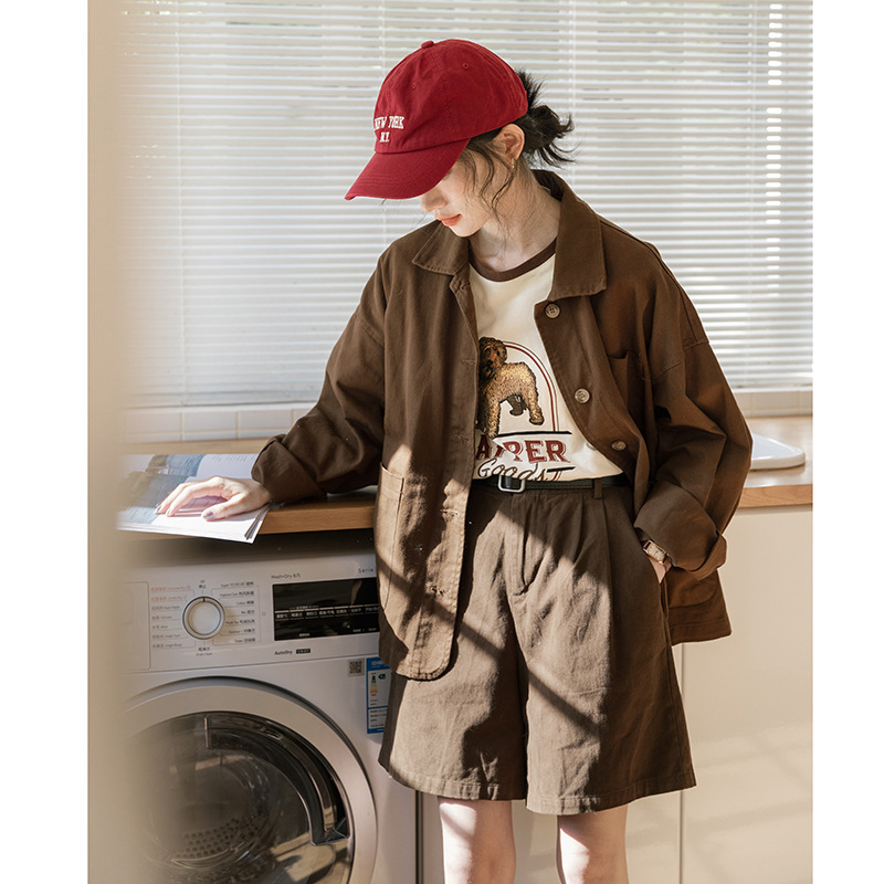 女士秋冬日系大口袋翻領工裝休閒外套