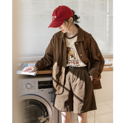 女士秋冬日系大口袋翻領工裝休閒外套