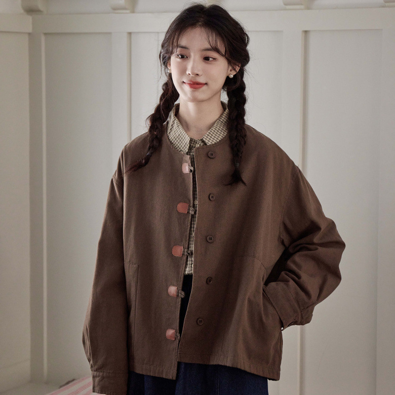 女士秋季日系復古盤口圓領外套