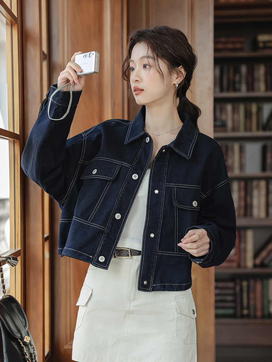 女士春秋明線抽繩工裝牛仔外套