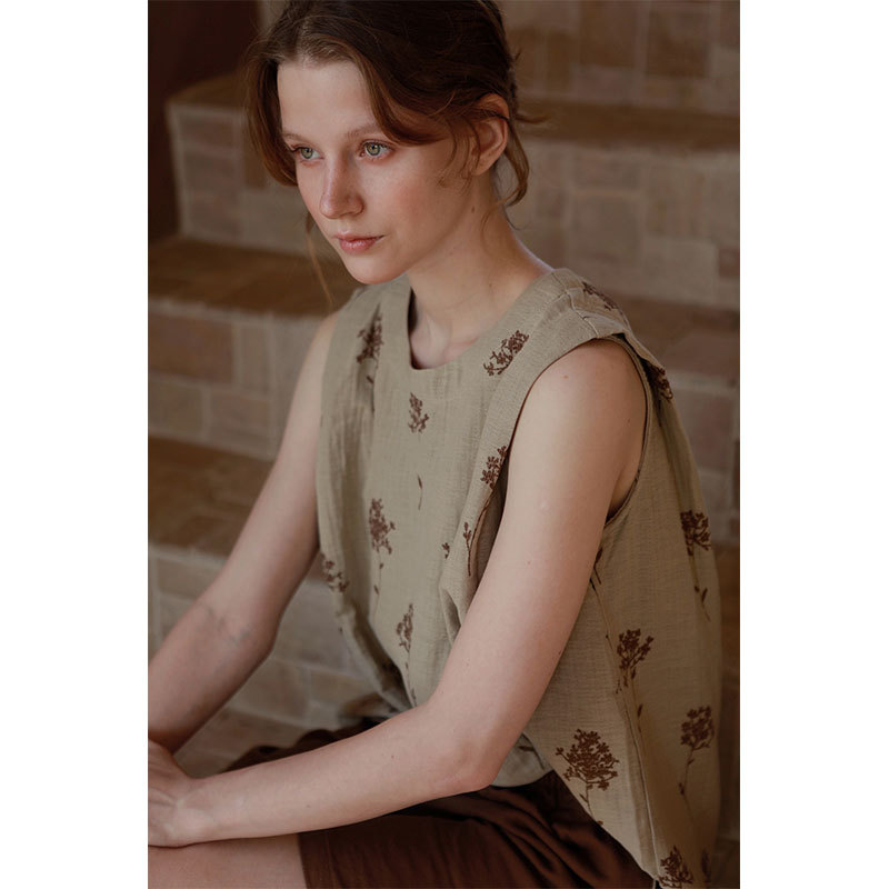 女士全棉色織提花雙層紗布國風無袖睡衣