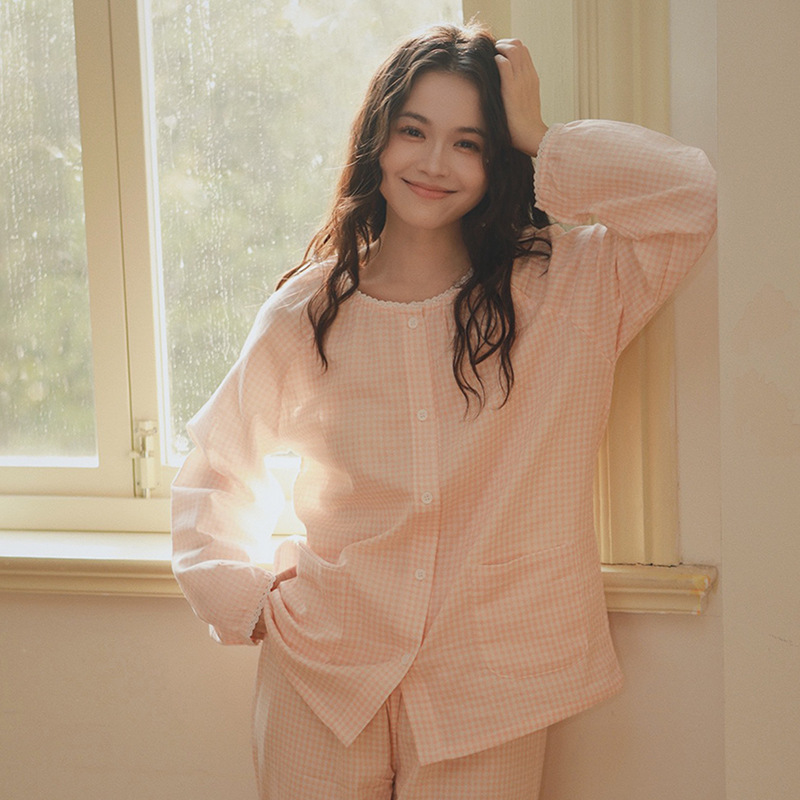 女春秋純棉紗布格子居家服